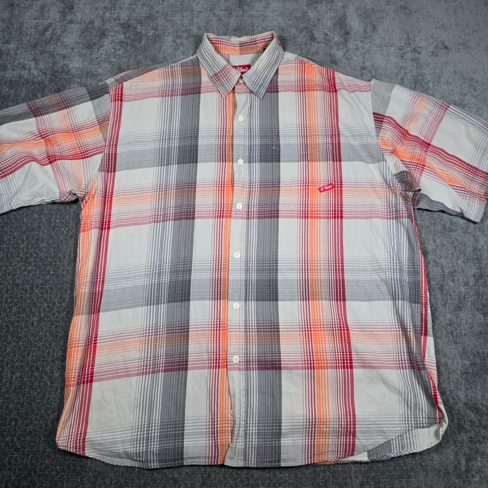 G-Unit Mens 3XL Plaid Short Sleeve Button Up Shirt Red Orange Grey Hip Hop Y2K